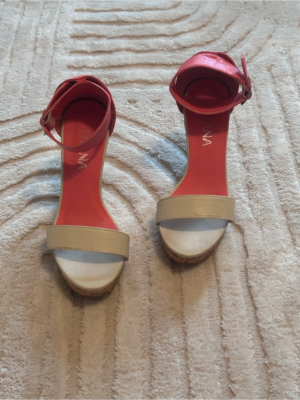 Coral and Cream Ankle-Strap Wedge Sandals Wedges Sz 6
